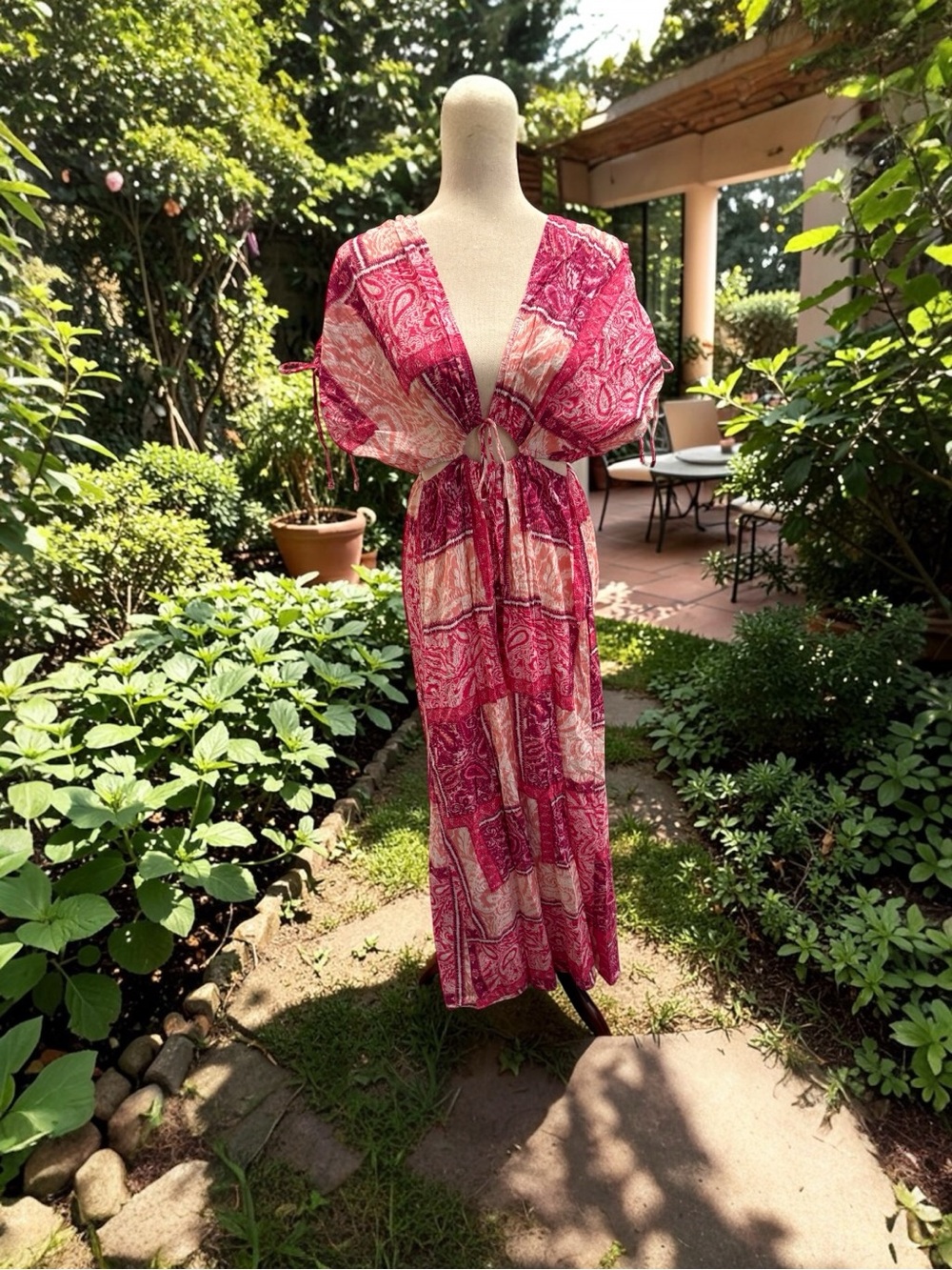 NEW~ Zara Pink Patchwork V-Neck Maxi Dress  size Medium - Picture 2 of 16